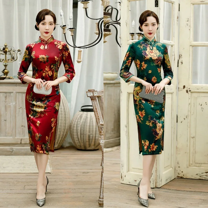 С принтом три четверти рукав cheongsam женское платье вечернее платье бархат vestidos китайское платье свадебное платье Размер M-4XL