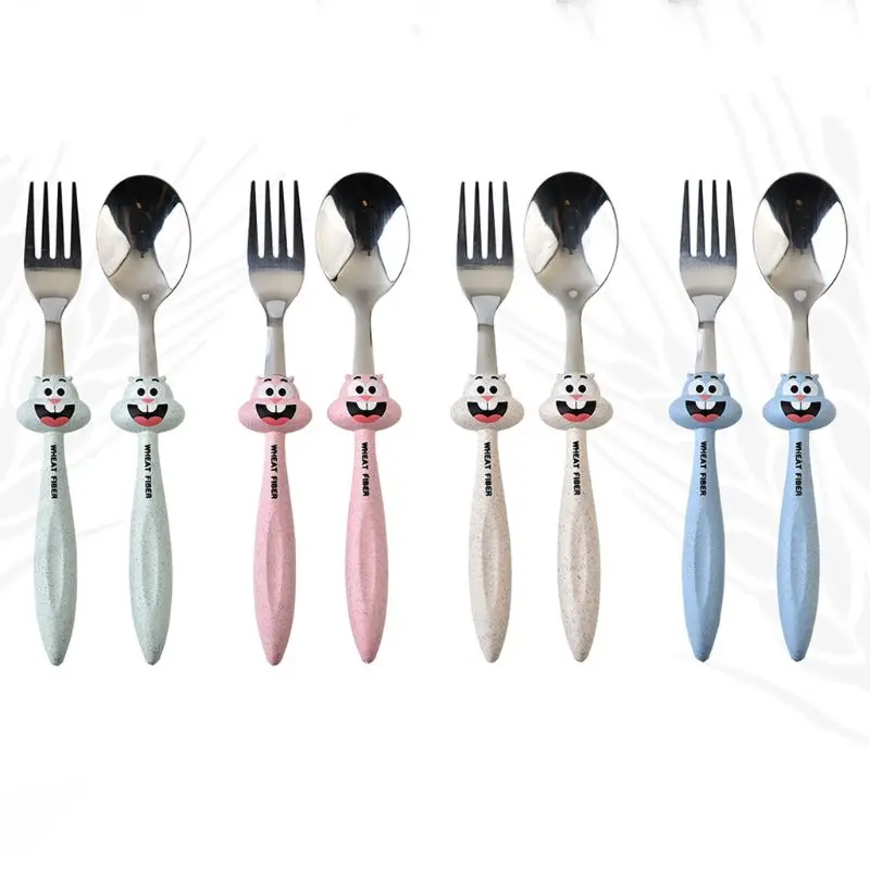 

2 Pcs/set Baby Food Feeding Spoon Fork Cutlery Set Kids Children Cartoon Stainless Steel Tableware Baby Feeding Utensils
