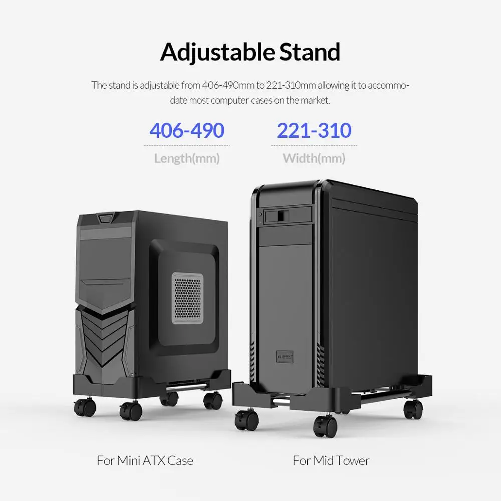 Torres de Computador Titular com Bloqueio Rodas para Cases Orico Carrinho Móvel Ajustável Computador Cpu Rodízio pc Preto - Imagem 3