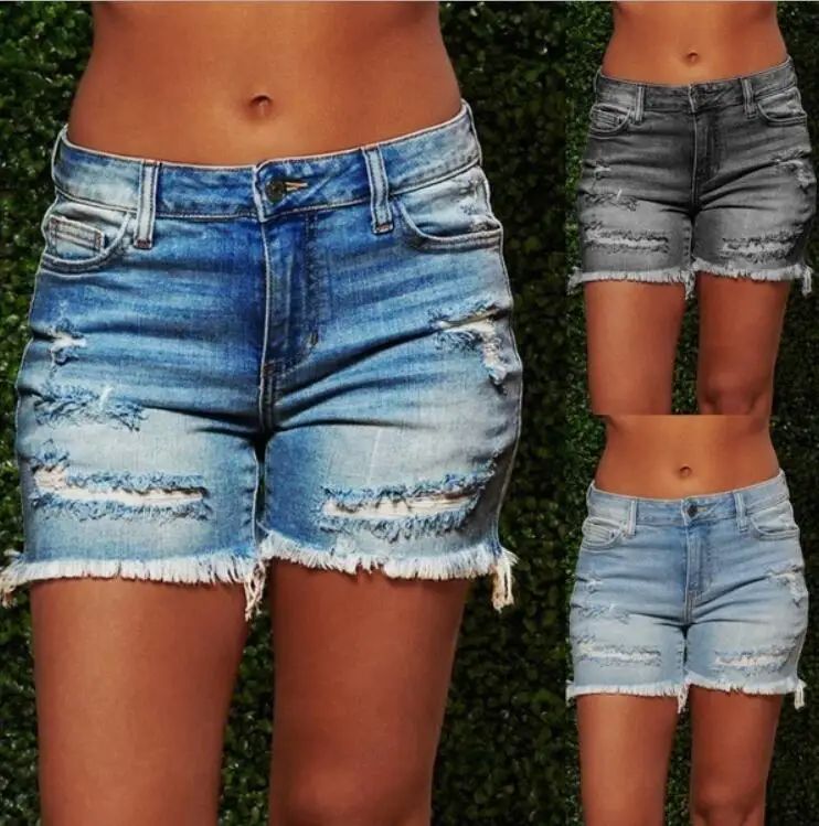 

Vintage Blue Hole Shorts Jeans Women Summer Denim Shorts Sexy Ripped Hole Jeans Shorts Ladies Casual Regular Zipper Short
