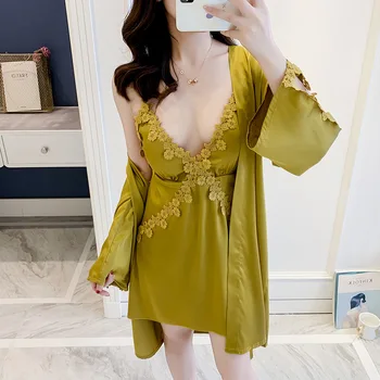 

Solid Color Thin with Chest Pad Ladies Nightdress Suit 2020 Summer Silk Lace Nightgowns Long Sleeve Bathrobe Women's 2 Pcs Set