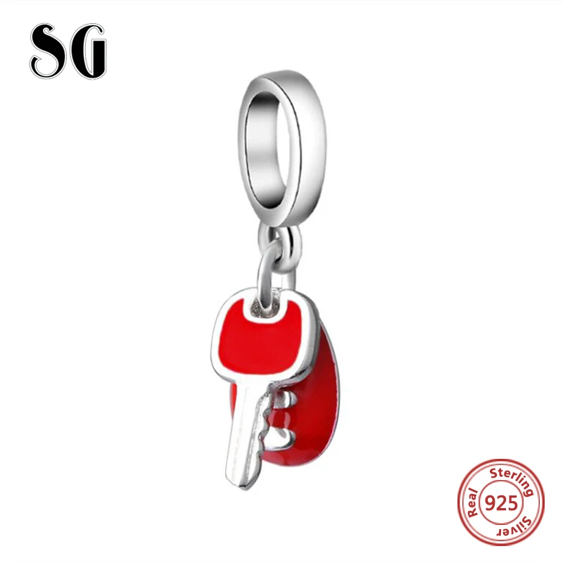 

SG new Silver 925 Original key Charm Beads with red enamel Fit Authentic pandora Bracelets sterling-silver-Jewelry making Gifts