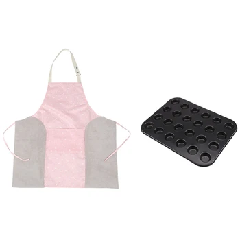 

1Pcs Muffin Pan 24 Cup Nonstick Carbon Steel Cupcake Pan & 1Pcs Solid Color Adjustable Kitchen Apron Printed Pocket