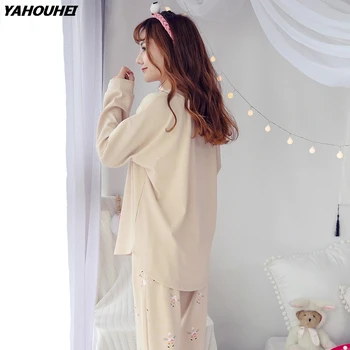 

100% Cotton Pajamas Sets For Women 2019 Autumn Winter Long Sleeve O-neck Pyjama Pijama Mujer Lounge Sleep Wear Homewear Clothing