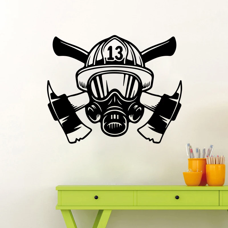 Large Firefighter Mask Helmet Tools Wall Sticker Bedroom Playroom Fire Fighter Hat Ax Wall Decal Boy Room Vinyl Home Decor (2)