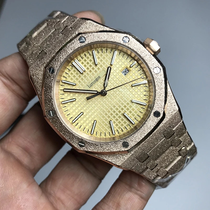 

Diamond automatic Royal Frosted gold Dial Oak mens 18k White Gold Watch Silver-tone hands Fixed bezel 42mm size glide mens watch