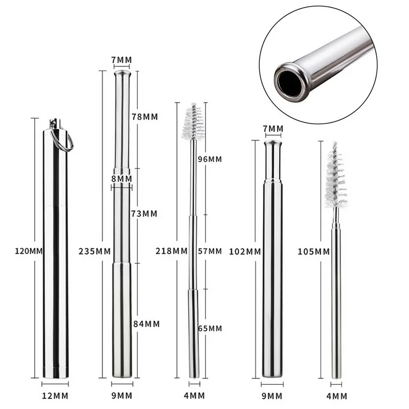 Портативный Нержавеющая сталь металлический соломинки телескопическая многоразовые трубочки для путешествий с футляром для хранения и щетка барный инвентарь