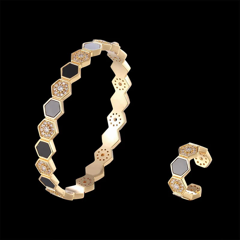 

Lanruisha Simple bangle and ring jewelry set popular jewelry with hexagonal zirconium inlaid and shell bracelet pasted best gift