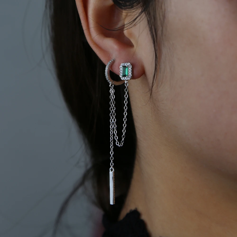 double piercing silver color rose gold clear green rectangle cubic zirconia long chain tassel earring 2020 new 4