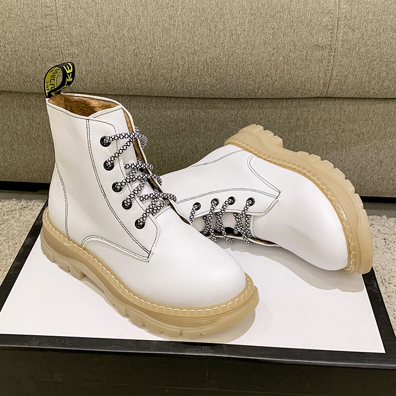 

Fashion White Boots 2019 New Leather Lace Up Fur Boots Soft Rubber Western Boots Platform Brown Black Ankle Boots Women Shoes