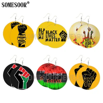 

SOMESOOR Black Live Matters Power Fist Yellow Wooden Drop Earrings Never Give Up Puull Inspire Sayings Printed For Women Gifts