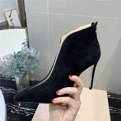 Kid Suede black Новинка; модные пикантные тонкие сапоги из ТПУ с молнией сзади и прозрачной пленкой; сапоги на высоком каблуке; - Цвет: Kid Suede black