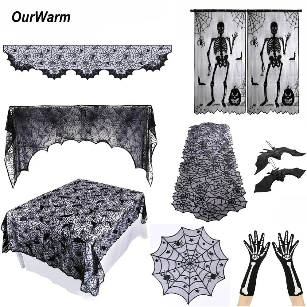 

OurWarm Halloween Party Decor Cobweb Fireplace Scraf Black Lace Spiderweb Curtain Tablecloth Mantle Hanging Ghost Home Supplies