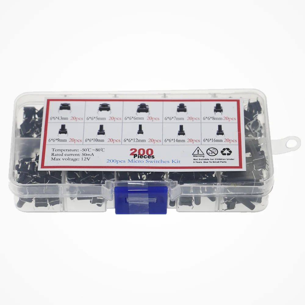Набор кнопочных мини переключателей 200 шт./лот 10 значений 6*6*5/6/8/10/12/16 мм для