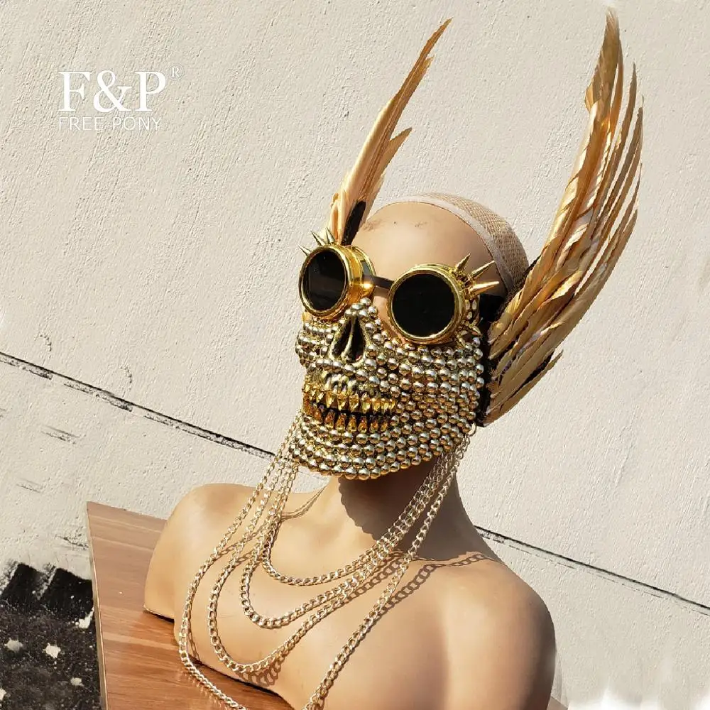 Burning Man Festival Gold Skull Feather Googles Mask Carnival Costume Gogo Dancer Halloween Accessories |