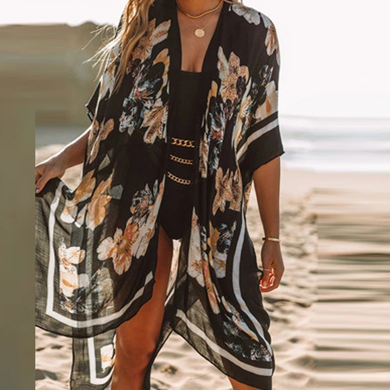 Summer Mid-length Slit Chiffon Beach Sunscreen Blouse Holiday Style 2021 Vintage Floral Print Long Cardigan Tops Women Cover Ups bathing suit skirt cover up