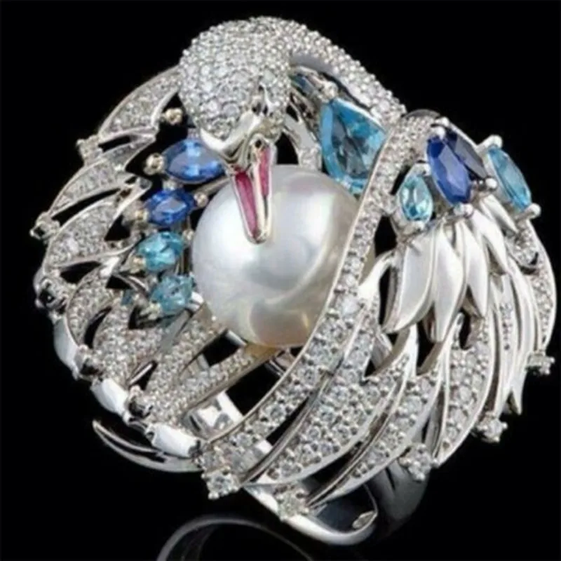 

Vintage Bird Swan Silver Ring Pearl and Animal Design Fashion Rings for Women