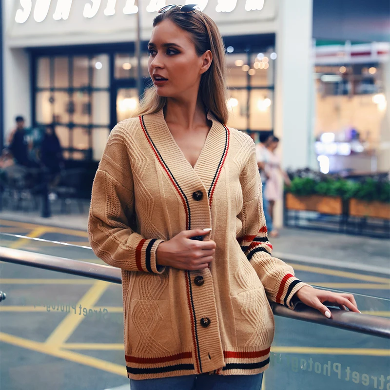 InstaHot/Повседневные вязаные кардиганы для женщин, абрикосовый полосатый свитер, свободная зимняя женская верхняя одежда, пальто осенние Рубашки женские