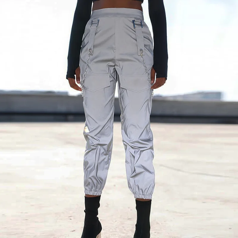 AuyiufarReflective Cargo Pants Women Suspender Trousers with Pockets Fashion Loose Streetwear Female's Trousers with Train