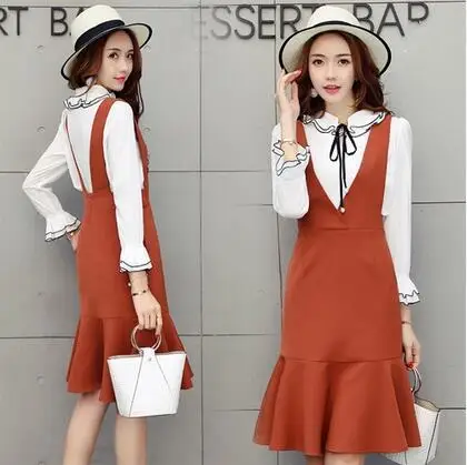 

2019 Spring New Style Long-sleeved Upper Garment + Suspender Strap Dress Sheath Fishtail Skirt Two-Piece Set Women's
