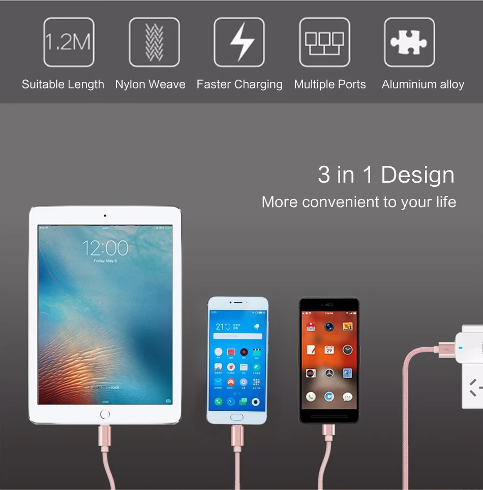 ROCK 3 в 1 USB кабель для iPhone samsung Xiaomi мульти Быстрая зарядка Micro USB кабель Microusb кабель для мобильного телефона type-C
