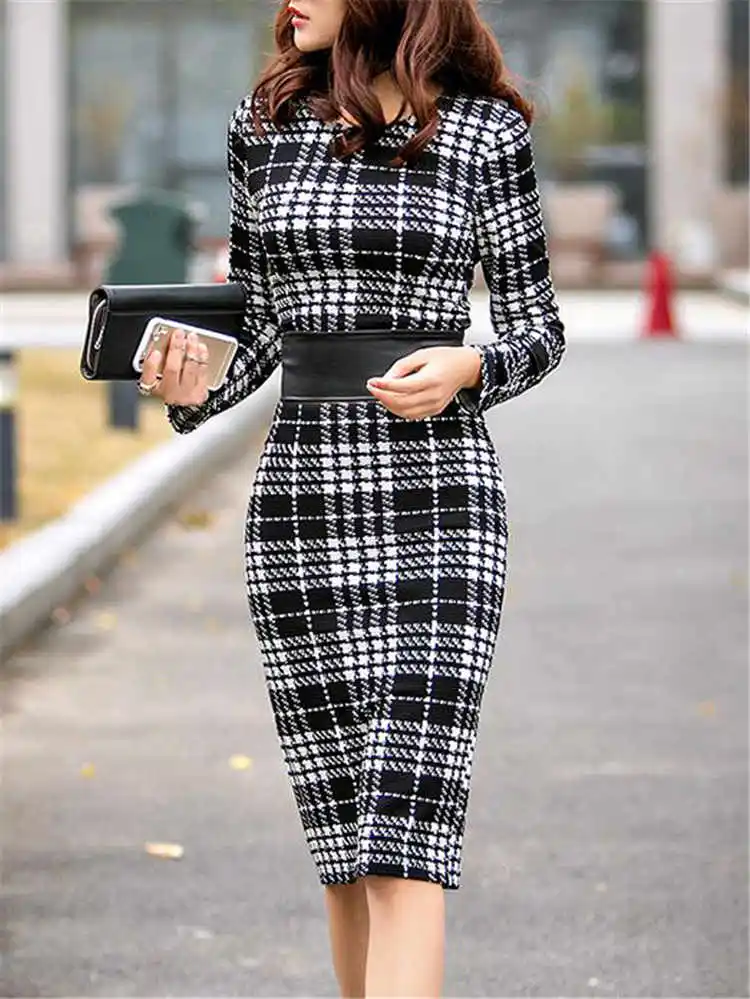 Women's Office Dress Office Lady Plaid Bodycon Dress Long Sleeve Work Business Midi Dress Women 5xl Plus Size Women Dresses