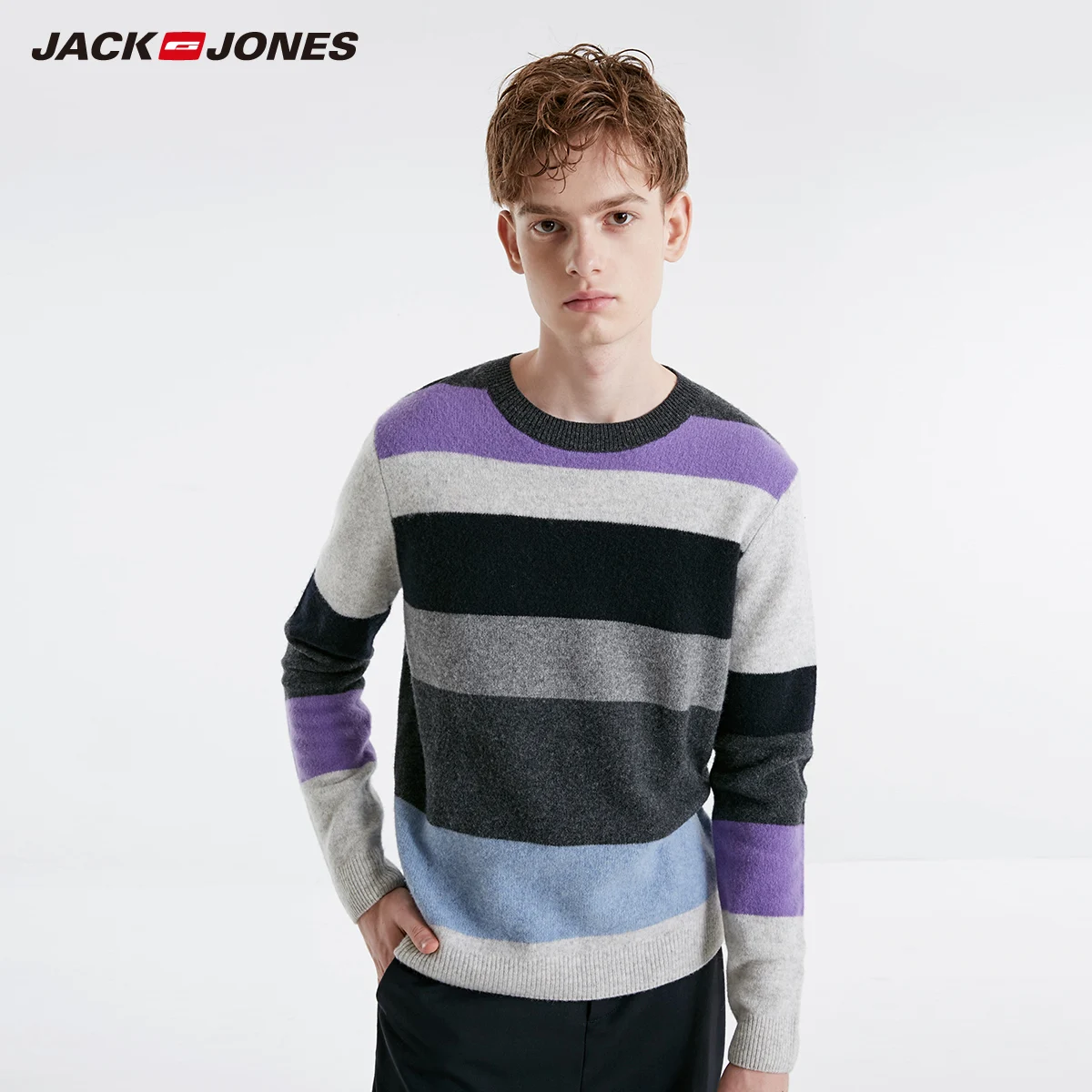 JackJones зимний мужской шерстяной полосатый свитер с круглым вырезом | 219125503 - Цвет: DARK GREY