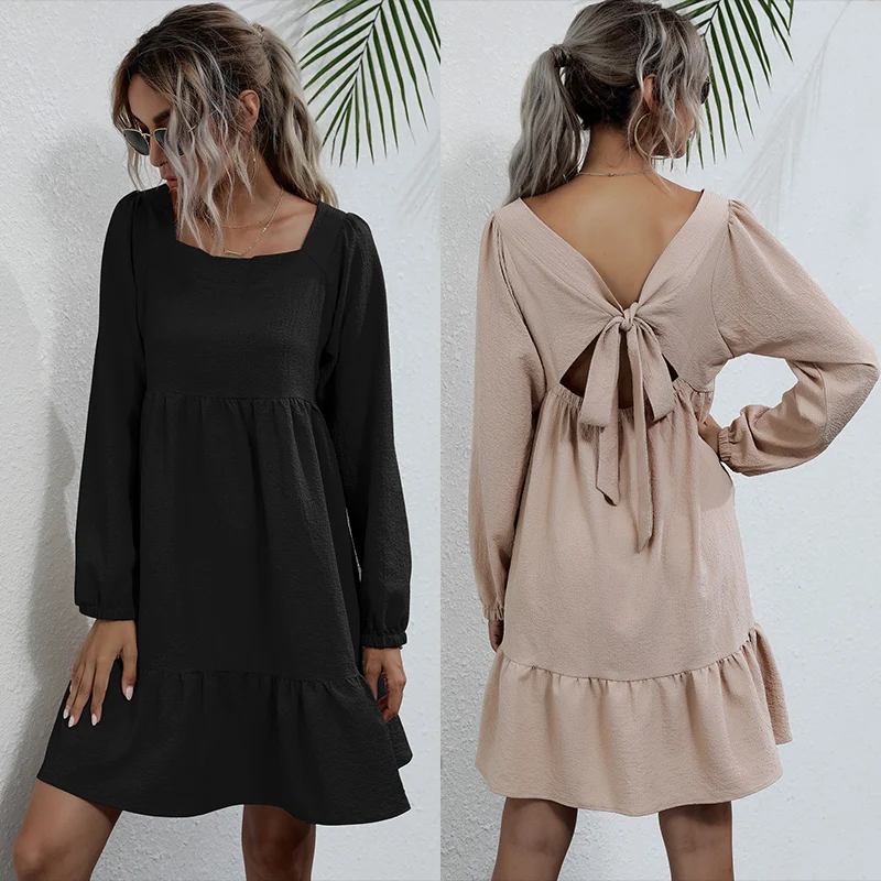 

2020 Solid Color Square Collar Bow Dress Women's Fall and Winter Clothes New Loose High-Waist Pleated Dress
