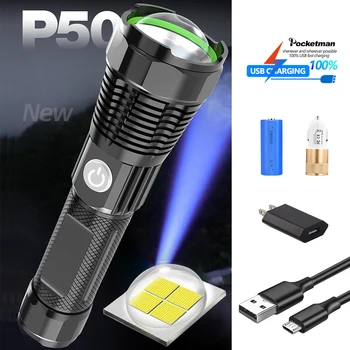 

4 modes LED Flashlight telescopic zoom power display waterproof USB charging aluminum alloy 26650 for camp