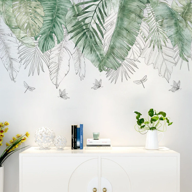 

Fresh Natural Green Tropical Raffia Tree Leaves Wall Sticker Vinyl DIY Mural Art Sticker for Living Room Bedroom Wall Decals