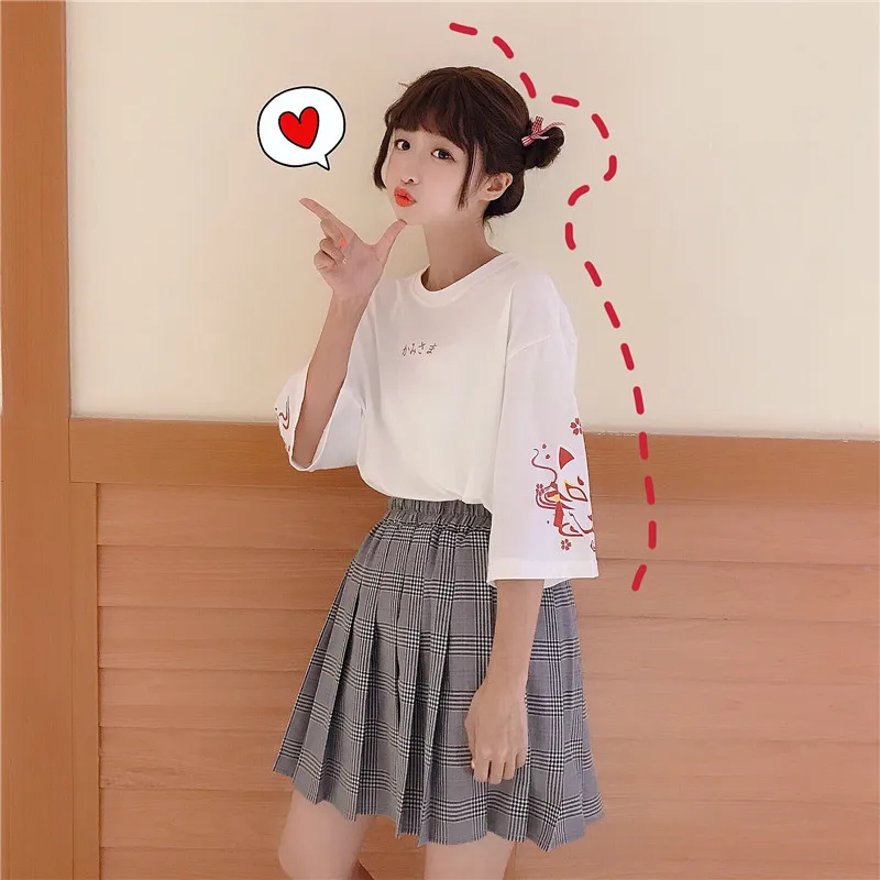Лиса в древнем стиле свободные Japanese Harajuku женские футболки Винтаж принт Черная футболка короткий рукав леди топы Летняя Свободная Женская футболка