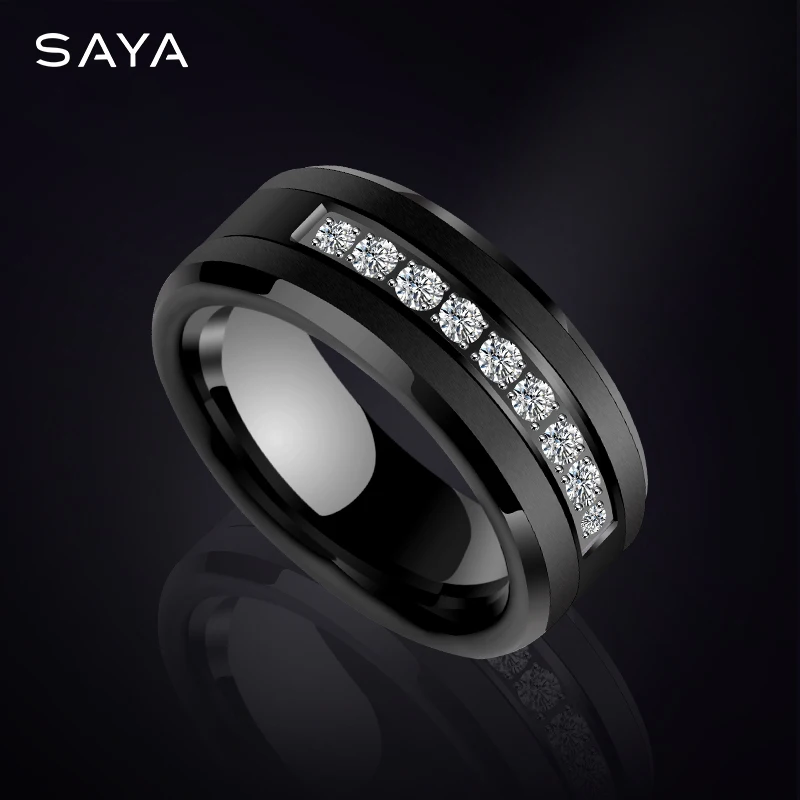 2021 Men Tungsten Carbide Ring, 9PCS CZ Inlay Black Brushed Finish Comfort Fit Wedding Band Ring, Free Shipping, Engraving