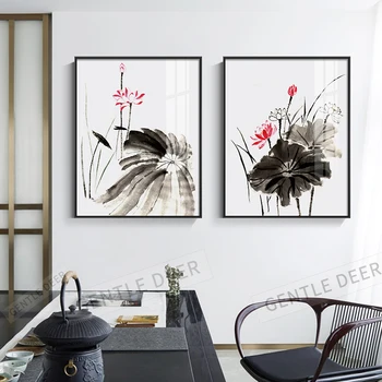 

Traditional Pink Lotus Flowers Ink Painting Art Posters Wall Decorative Pictures Canvas Prints For Home Living Room Decor