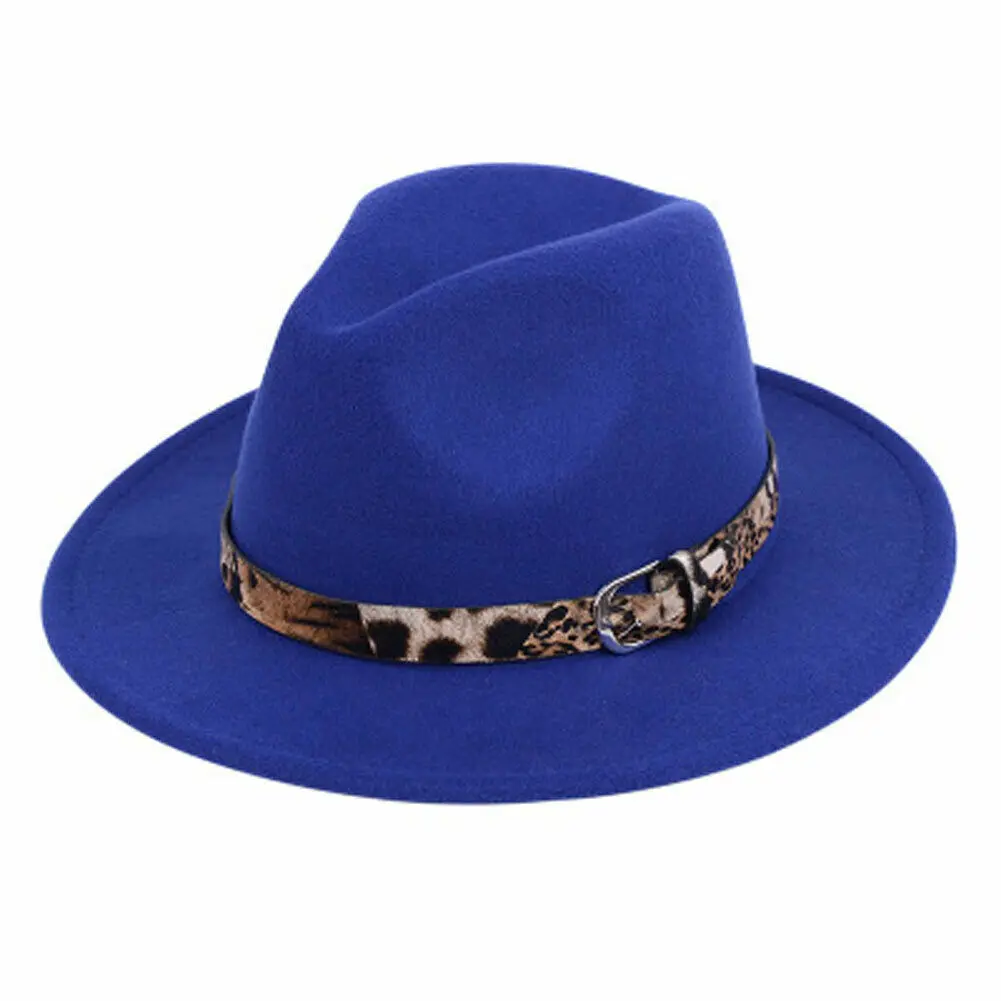 Модная трендовая Женская шерстяная фетровая шляпа с леопардовым принтом и широкими полями, шерстяная Панама, повседневная, официальная, для вечеринки, зимняя Новинка, фетровые шляпы - Цвет: Синий