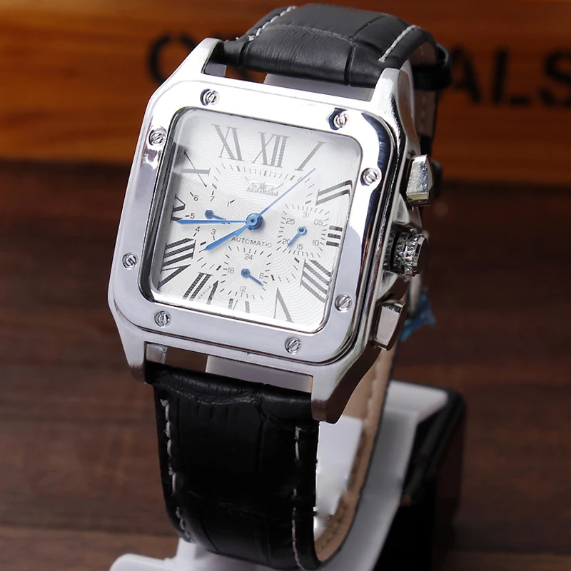 Automatic Mechanical Self-Winding Men Watch Square Case Calendar Display Roman Numerals Leather Strap Men Wristwatch Gifts