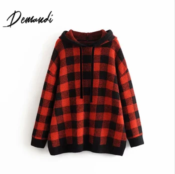 

Demandi girls' knitting sweater autumn and winter women's new loose and versatile hooded Plaid knitting sweater