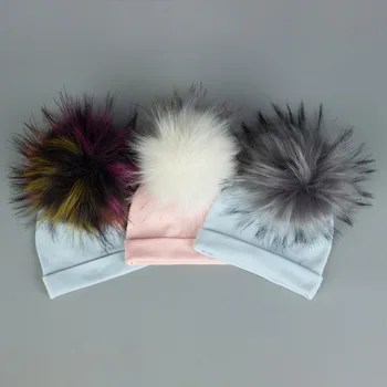 

Autumn and Winter Newborn Soft Cotton Bonnet Baby Girl Boy Accessories Hat for Child Toddler Hat with Faux Raccoon Fur Pompom
