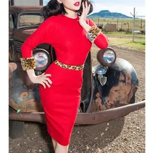 30-зима для женщин Ретро стиль 50-х, рукав «летучая мышь», волнистое платье в красном цвете с леопардовой отделкой элегантная шерстяная карандаш vestidos размера плюс платья