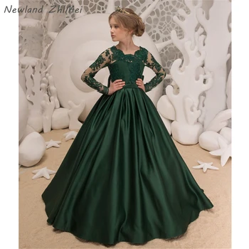 

Dark Green Flower Girl Dress New Fashion Long Sleeves A Line Applique Satin Bow primera comunion Holy Communion Dresses OEM