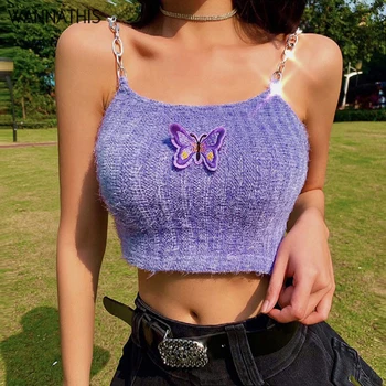 

WannaThis Purple Camisole Women Crop Tops Slim Elastic Butterfly Embroidery Sleeveless Off Shoulder Summer Short Cropped Top New