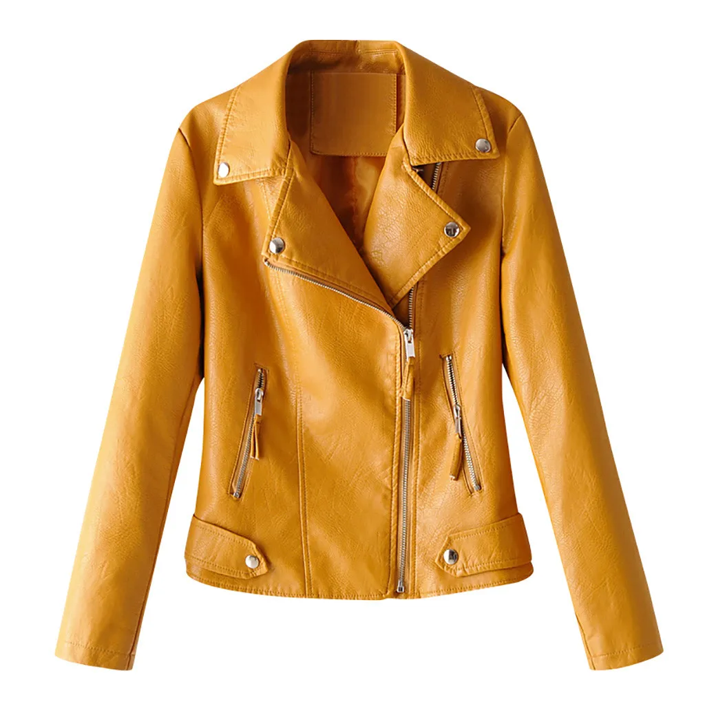 Кожаная куртка женская модная яркая черная мотоциклетная куртка Короткая байкерская куртка из искусственной кожи мягкая куртка женская# J30 - Цвет: Yellow (4)