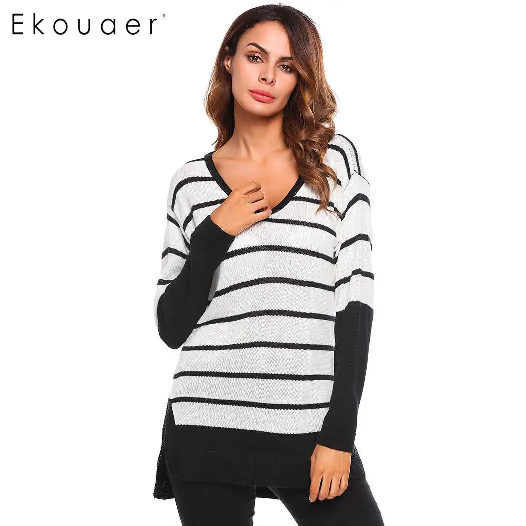 

None Women V-Neck Long Sleeve Striped Split Hem Casual Knit Pullover Sweater