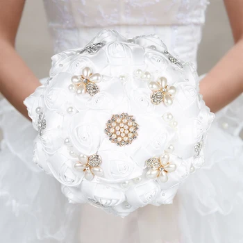 

Handmade Wedding Bouquet Rhinestone Bridal Bouquet Satin Rose Flower Bouquet with Artificial Pearls Decorated Wedding Supplies