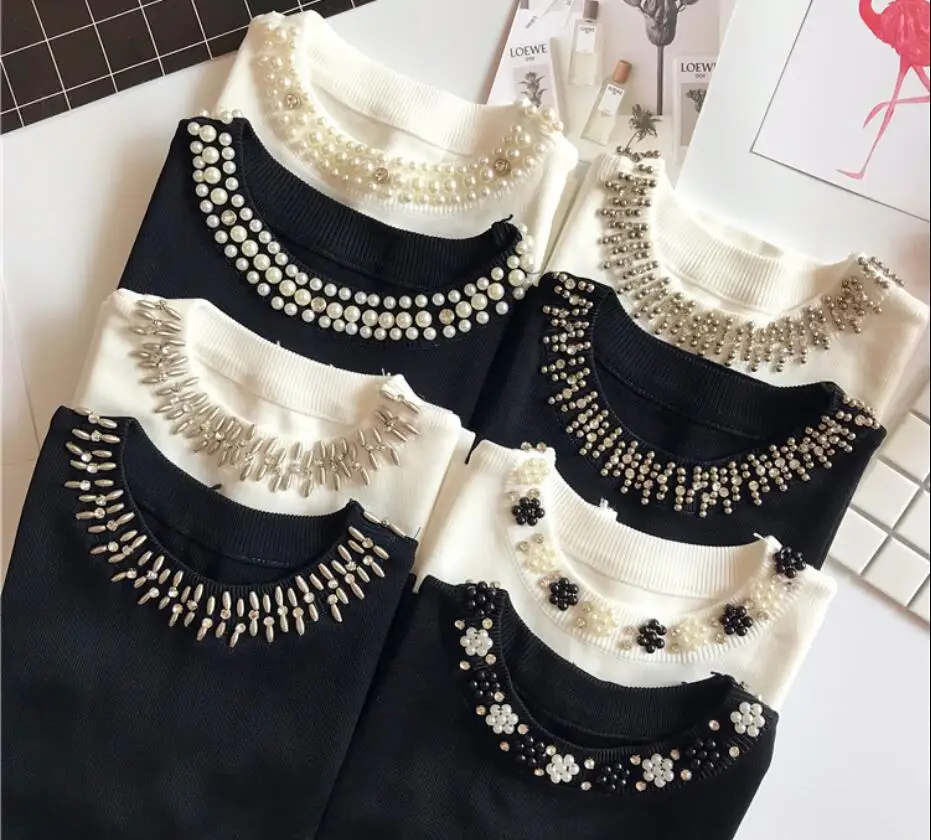 

Female thin-sleeveless sweater, mesh top with beads and round collar