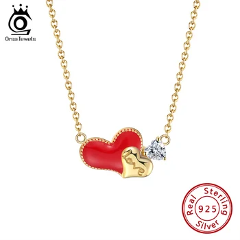 

ORSA JEWELS Real Sterling 925 Silver Necklaces AAAA Zircon Enamel Heart Design Fixed Pendant Chain Accessories For Girls SEQN12