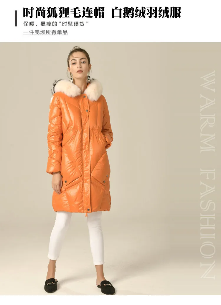 Shuchan 90% White Goose Down Autumn Winter Coats and Jackets Women Jacket Long Womens Down Coats with Real Fox Fur Orange
