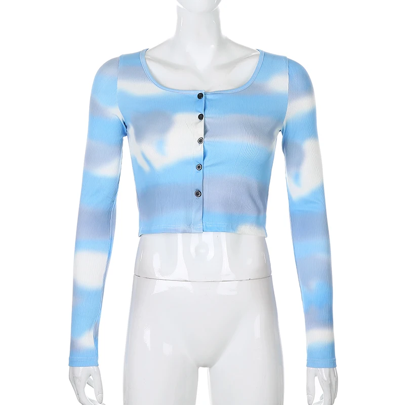 IAMSURE Tie Dye Print Aesthetic Long Sleeve Skinny Blouse For Women Korean Streetwear Fashion Casual Female Crop Tops Shirts