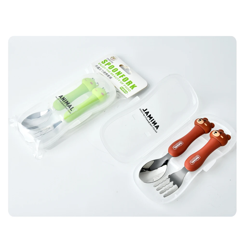 2Pcs Kids Silverware Cute Spoon Fork Travel Carry Set Children Portable Tableware Toddler Utensils Spoon Fork with Travel Case