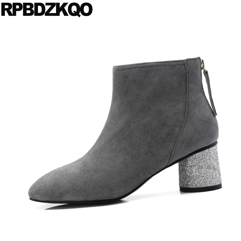 high quality 10 big size grey booties round toe plus thick sheepskin shoes short black chunky fall women ankle boots medium heel