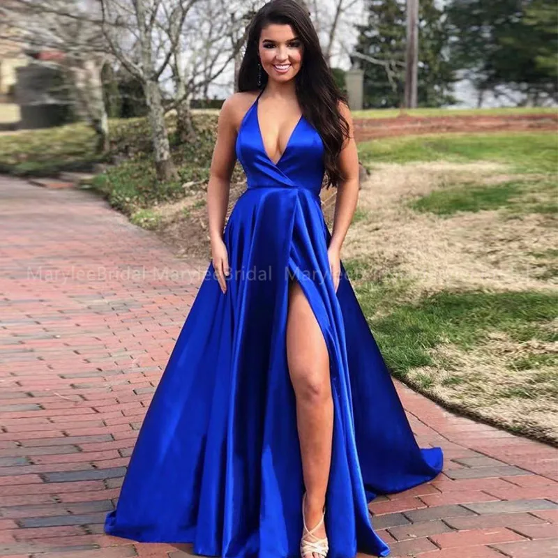 

Simple robe de soiree Halter Royal Blue Evening Dress A-line High Slit Girls Formal Party Dress Crisscross Back vestido de festa